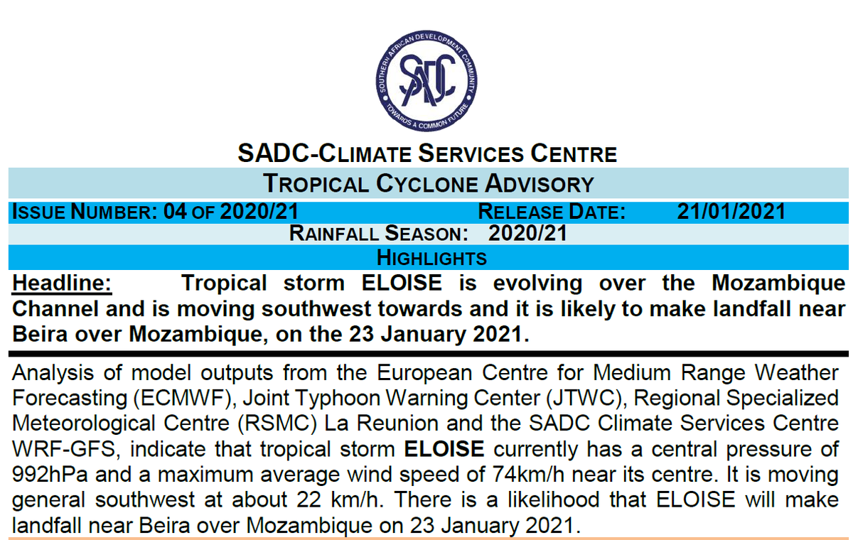 SADC_News's tweet photo. The forecast track by #SADC &amp; partners indicate that tropical storm #ELOISE is expected to affect Mozambique, Zimbabwe, South Africa &amp; Botswana. Angola, DRC, Malawi, Tanzania &amp; Zambia may experience increased rainfall due to other weather systems. https://t.co/CAuy84fq5X https://t.co/IG19OQjeHc