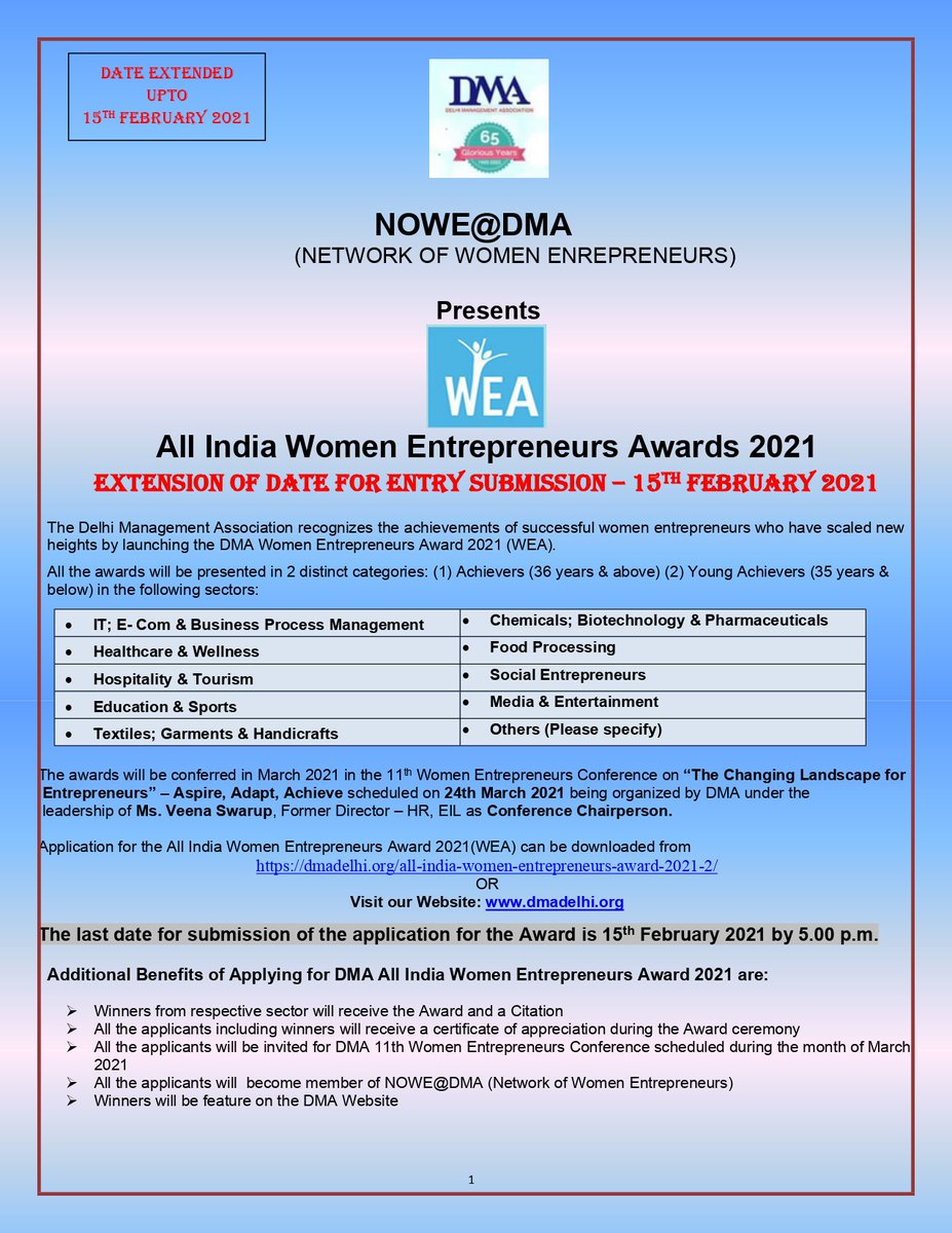 nowe_dma's tweet photo. On repeated requests from the number of applicants for the extension of date, we are finally extending the last date of submission of entries to 15th Feb 2021. Application form for the All India Women Entrepreneurs Award 2021 (WEA) can be downloaded from https://t.co/dVOYVONNbb https://t.co/SDRYTm44aw