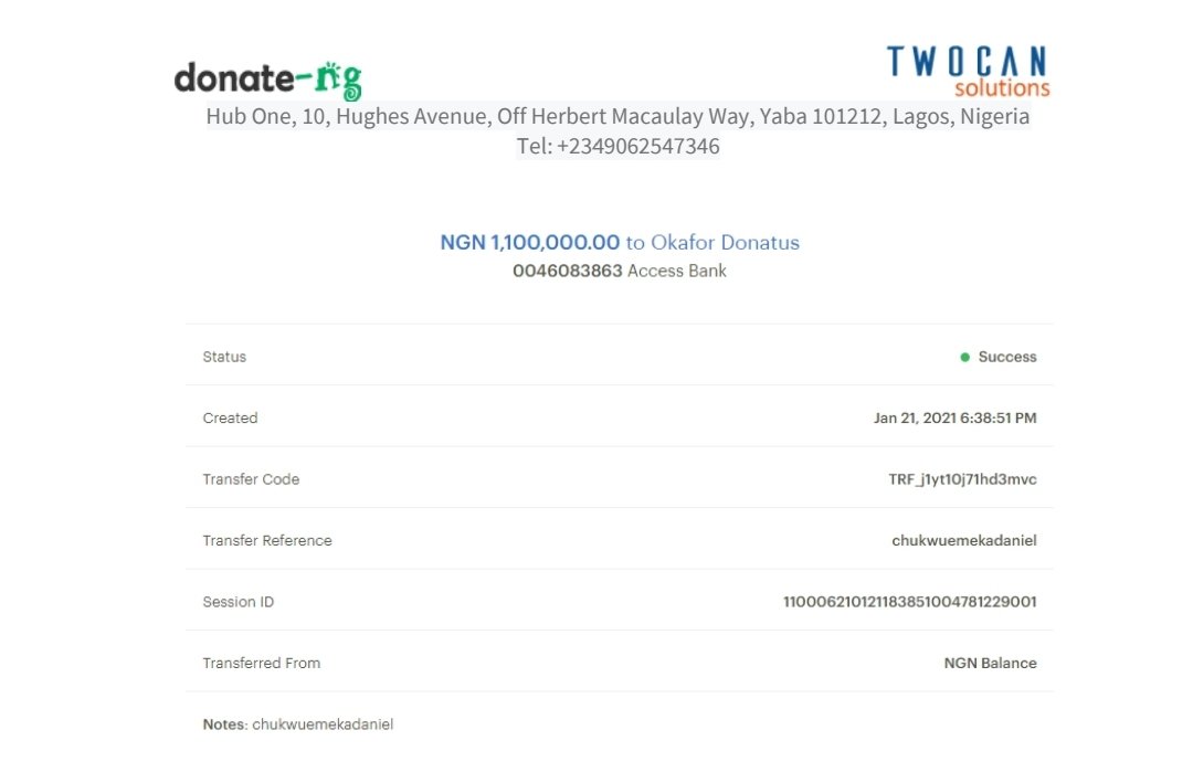 This is a summary of your donations to @donate_ng for supporting Nigerians pay medical bills, so far. So far, we've been able to raise 5 million naira. After transferring 1.1 million to pay for Daniel's kidney surgery yesterday, we have 14 thousand naira left Please RT