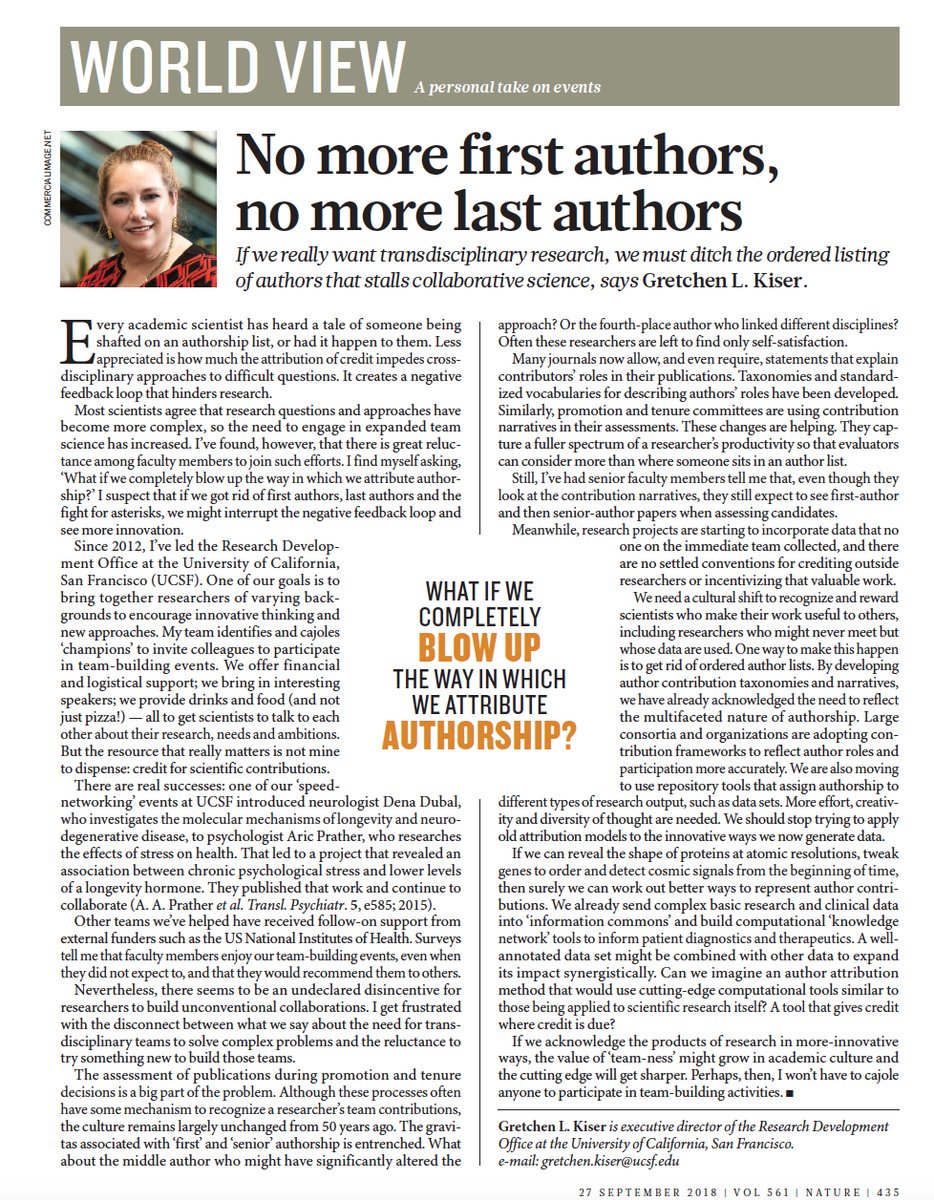 DrAlongeAJ's tweet photo. Attributing points based on Author listing should be discouraged to boost co-authorship -
"If we really want #transdisciplinary #research, we must ditch the ordered listing of authors that stalls collaborative science", says Gretchen L. Kiser. @nature https://t.co/ckXyTg0nAd