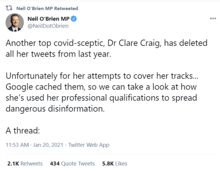 In his very first tweet  @NeilDotObrien calls me a ‘top COVID-sceptic’. I have never denied the existence of COVID. Ever. His tweet is clearly false. Or, to use his phrasing, Mr O’Brien is ‘spreading disinformation’.