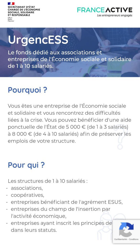 🚨Le fonds #UrgencESS est ouvert à partir d’aujourd’hui. 
Les petites structures de l'ESS de moins de 10 salariés peuvent être aidées à hauteur de 5 000 ou 8 000€. Une aide simple, efficace, déployée avec <a href="/franceactive/">France Active</a> via un guichet unique 
👉  urgence-ess.fr