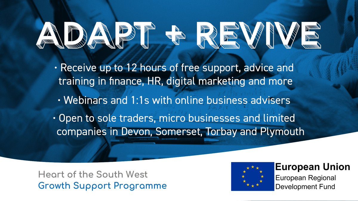 GrowthHubHOTSW's tweet image. Adapt + Revive your business for 2021! 

@ERDF_GSP is offering a free programme to boost South West businesses – offering 1:1s with business advisers alongside training and webinars on digital skills, finance, HR, marketing + more. 

Register today: soc.devon.cc/2iUIG