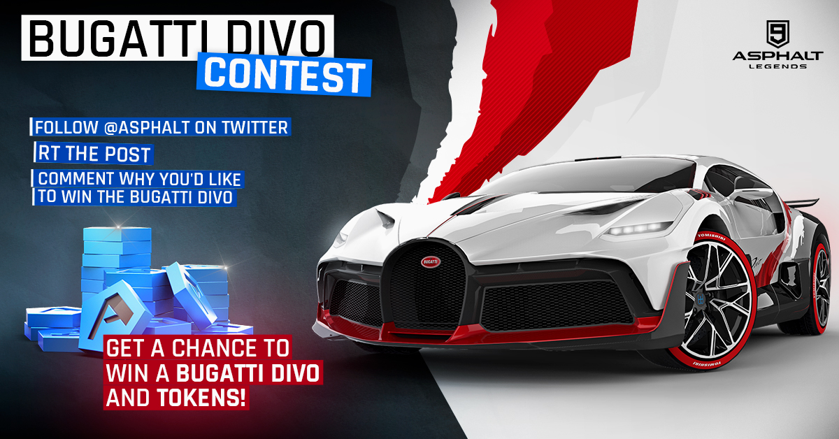 Asphalt on X: 🎉Bugatti Divo Contest!🎉 🎁 First giveaway of the year! Get  the chance to win the Bugatti Divo and Tokens! #A9Contest ✓ Follow @asphalt  on Twitter ✓ RT this post
