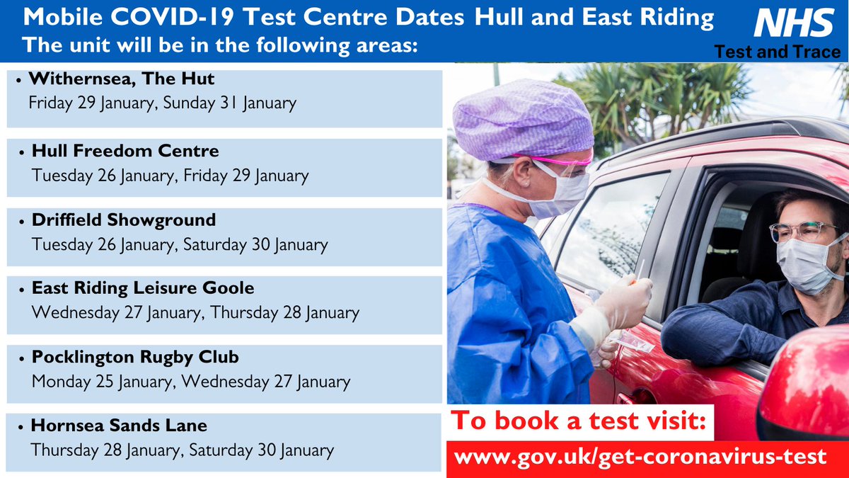 The COVID-19 mobile testing unit will be visiting the following places next week. 

You must book a test first. 

To book visit orlo.uk/sieX8

#COVID19 #TogetherEastRiding