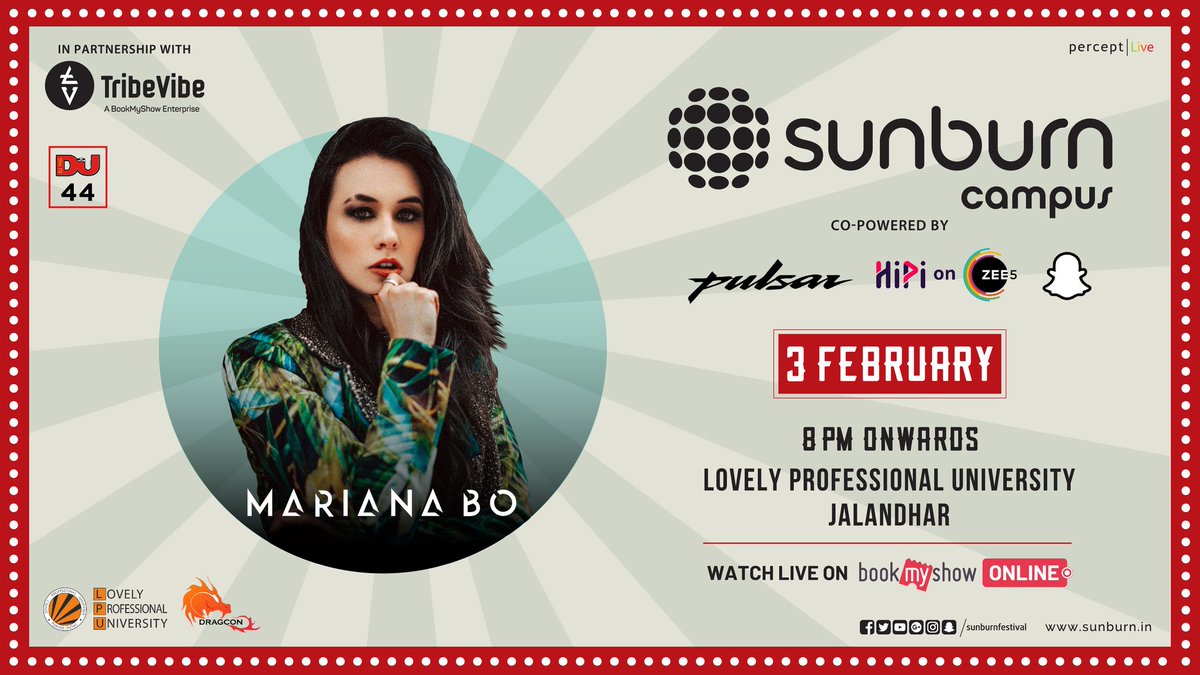 TribeVibeLive's tweet photo. #SunburnCampus ft. @djmarianabo for @lpuuniversity invites you for an electrifying explosion of #Music and #EDM🔥
#EDMFestival #3February2021 #WednesdayMotivation #MidWeekPlan #FridayHighlights #WeekdayGood #Snapchat
(Cont..) https://t.co/yTiq1VjAMT