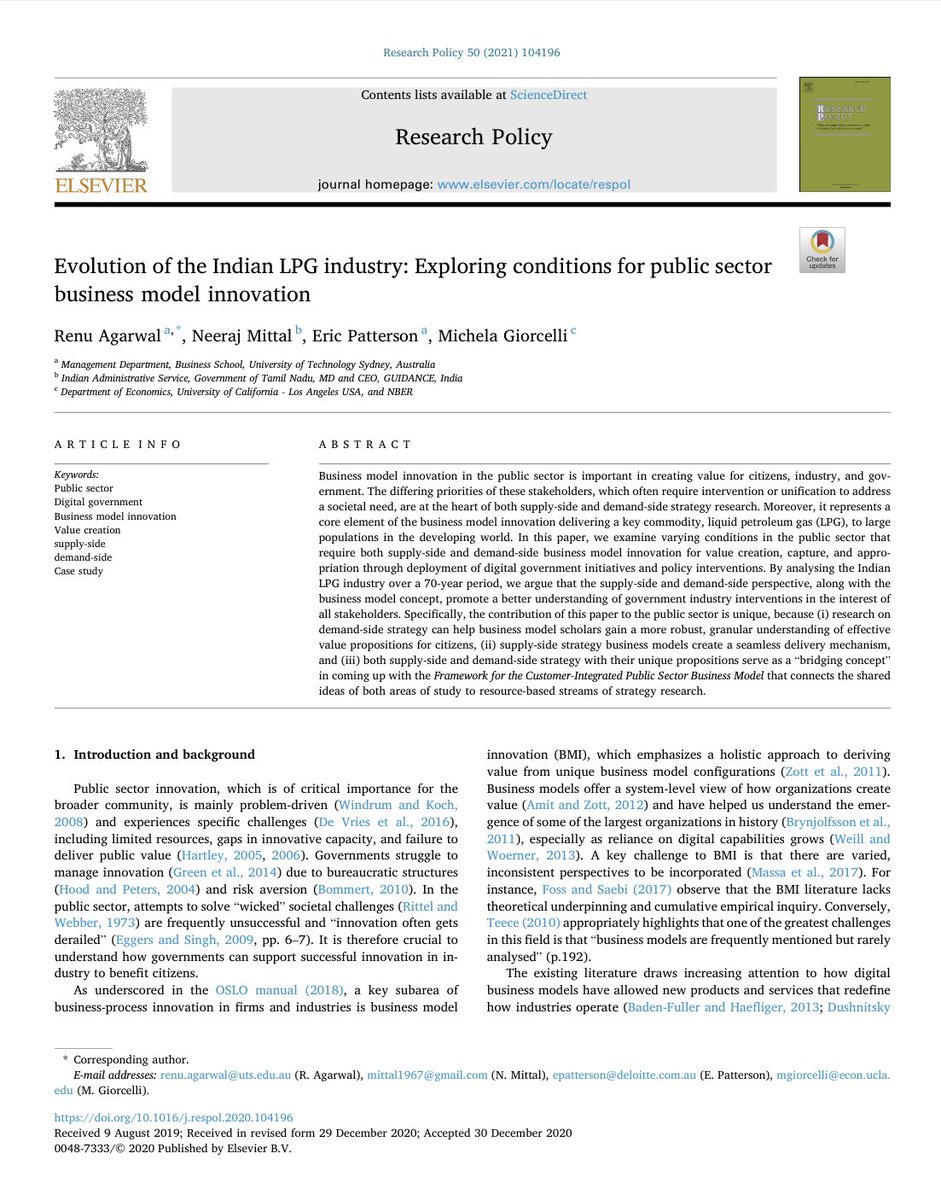 renuagarwal21's tweet photo. This new year, Research Policy published @neerajmittalias, Eric Patterson,  @M_Giorcelli and my paper on “Evolution of the Indian LPG Industry: Exploring Conditions for Public Sector Business Model Innovation.”

To see more, please give this a read: https://t.co/PI1THa77HY https://t.co/klJC8UBGNQ