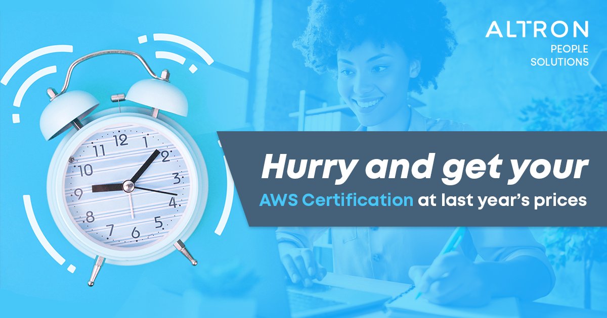 AltronPS's tweet photo. Sign up and attend selected Amazon Web Services (AWS) training courses before the end of February 2021 to qualify for 2020 prices. Beat the annual price increase and build new skills to be future-fit for the career of your choice. View courses here: https://t.co/fhtBNARgbr

#AWS https://t.co/Jr3dR9Qn7u