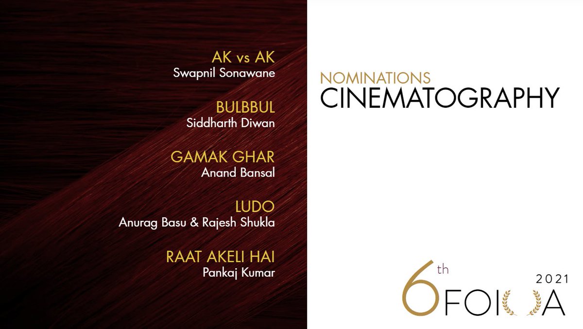 The FOIOAs (@foionlineawards) on Twitter photo #6thFOIOA Nominations for Cinematography
#AKvsAK #Bulbbul #GamakGhar #Ludo #RaatAkeliHai
<a href="/anandbansaldp/">Anand Bansal</a> <a href="/basuanurag/">anurag basu</a> #6thFOIOA Nominations for Cinematography
#AKvsAK #Bulbbul #GamakGhar #Ludo #RaatAkeliHai
<a href="/anandbansaldp/">Anand Bansal</a> <a href="/basuanurag/">anurag basu</a>