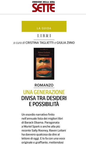 feltrinellied's tweet photo. "Una voce #originale e #graffiante" Su @7Corriere si parla di #Chiaroscuro, l'esordio di @RavenLeilani a firma di @critaglietti @giuliaziino https://t.co/xiktQqRN1i