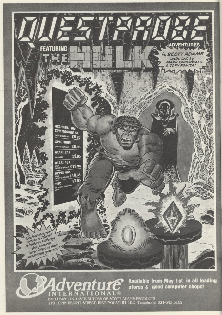 TakodanTweets's tweet photo. 1984 advert for the title '#Questprobe featuring The Hulk' by #AdventureInternational for #Commodore #C64 #ZXSpectrum #Atari #Apple and #BBC computers https://t.co/213wRqDgwL