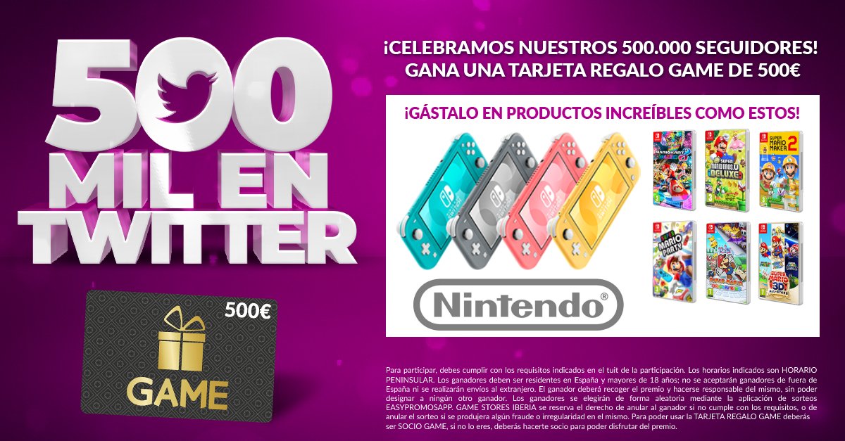 VideojuegosGAME's tweet image. 🎉 ¡Celebramos nuestros 500.000 de seguidores! 🎉
💰GANA una TARJETA REGALO GAME de 500€ 💰

➡ RT + SÍGUENOS y a @NintendoES y cita a un AMIG@ con #500MilEnGAME. 

¡Podrás gastarla en productos increíbles de NINTENDO como estos! 👉 bit.ly/3o36ehy