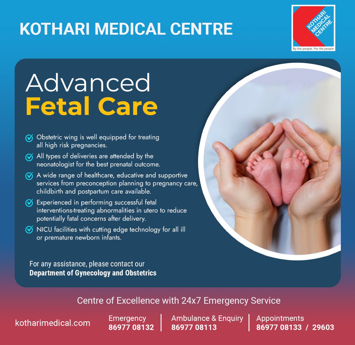 Kothari Medical focuses on managing health concerns of the mother & fetus prior to, during, shortly after pregnancy. Our Fetal Care providing medical care for pregnant women whose unborn babies have health problems. 
#Babies #Fetalcare #Healthcare #Pregnancy #Prenatalcare