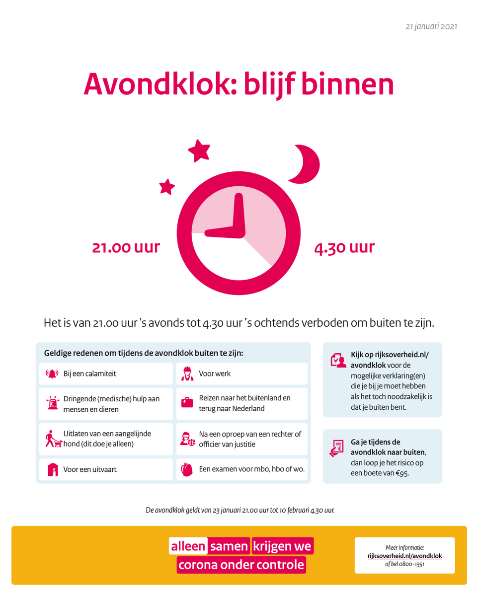 Vanaf 23 januari geldt een avondklok van 21.00 uur 's avonds tot 4.30 uur 's ochtends. Deze zware maatregel moet ervoor zorgen dat minder mensen elkaar ontmoeten. Zo voorkomen we verspreiding van het coronavirus