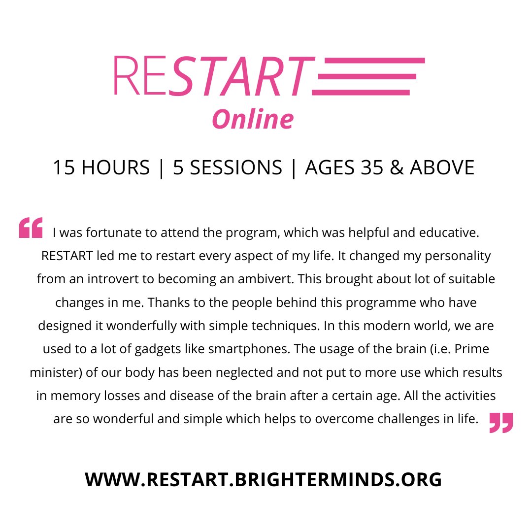 Register for the program now - restart.brighterminds.org Hurry, limited seats available! #BrighterMinds #Restart #CognitiveLearning #Development #BrainTraining #Creativity #CognitiveDevelopment #CognitiveReserve #BrainHealth #BrainFood