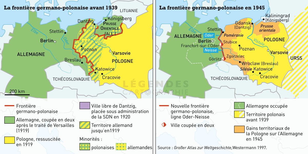 Legendescartographie Pour Finir Notre Semaine Sur 00 Ans D Histoire Allemande L Evolution De La Frontiere Germano Polonaise De 1939 A 1945 Et L Allemagne Occupee Par Les Armees Sovietiques Et Occidentales En 1949