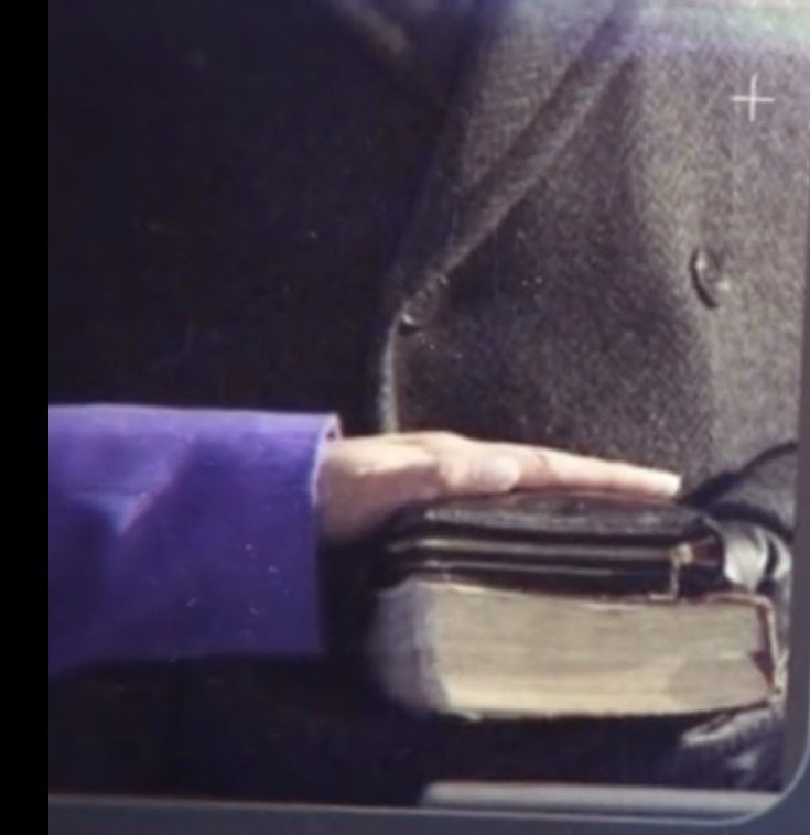The story now brings us to present day. Yesterday, specifically. When Joe Biden and Kamala Harris were sworn in as ‘President’ and ‘VP’, they each had their bibles. Let’s start with Kamala.Her bible doesn’t appear to have inverted crosses...BUT, look at her hand...see it?
