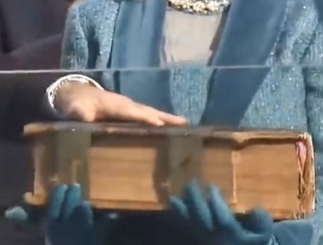 Let’s move on to Joe...yesterday he used the same Bible as he did in 2009, as I said, with one BIG difference. It’s hard to see but the crosses are right side up. 