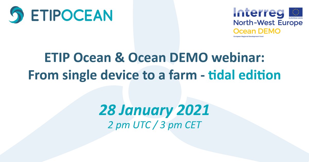 You can still register to this ETIP Ocean & OceanDEMO webinar on #tidal energy pilot farms! Join @EMEC_Ltd and @NovaInnovation on 28 January at 3 pm CET to hear about the next steps in tidal energy #development. Register here: oceanenergy.webex.com/oceanenergy/on…