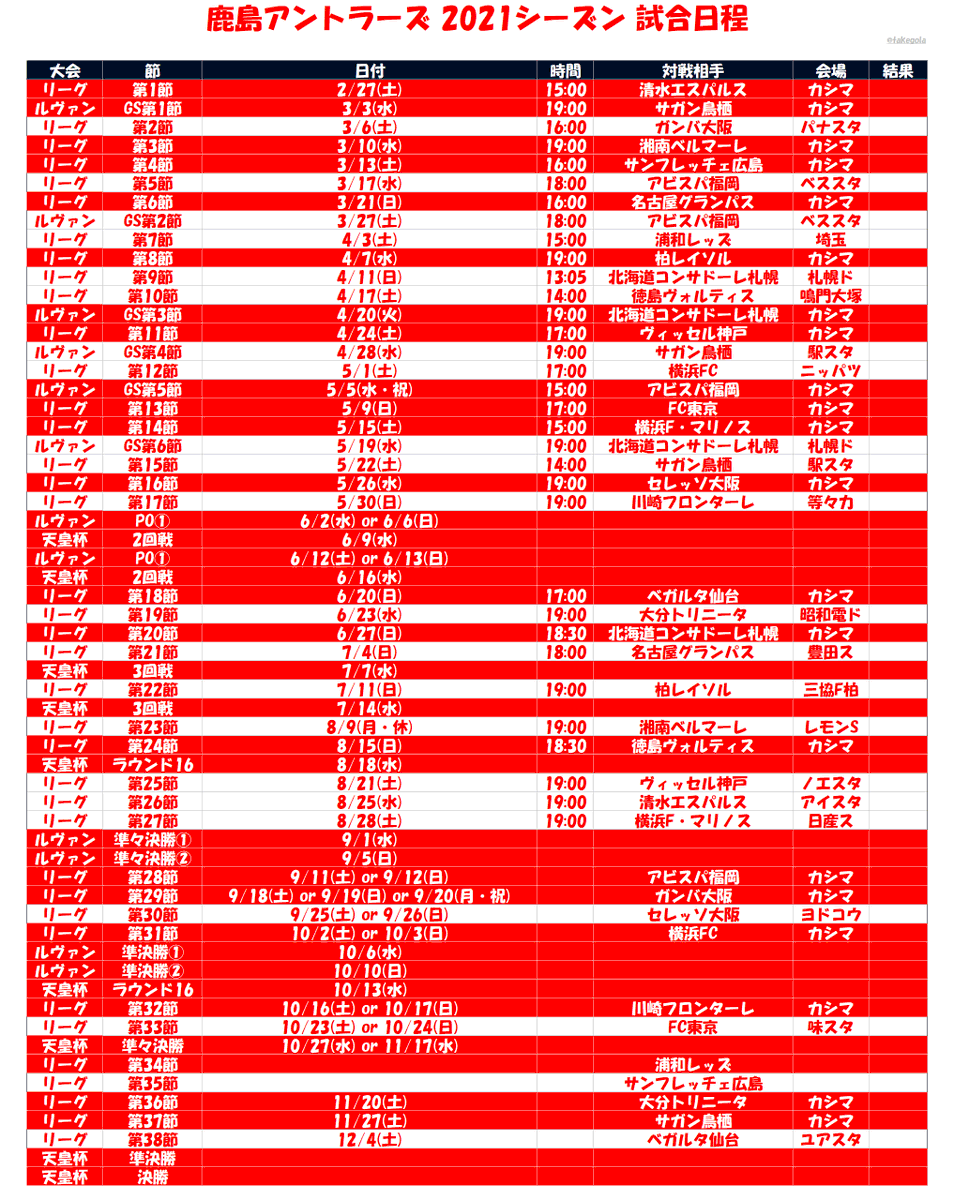 タケゴラ 鹿島アントラーズ 21シーズン試合日程 Antlers 1 22時点