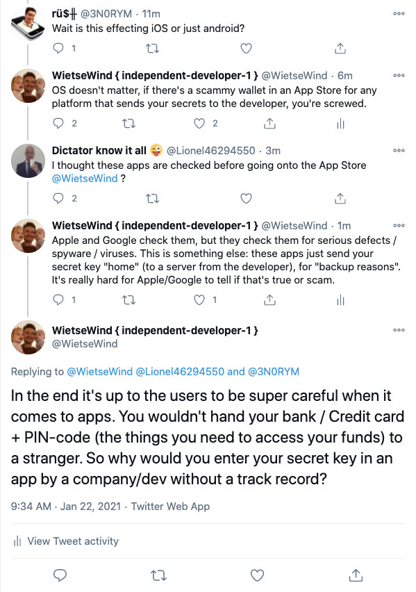 WietseWind's tweet image. DO NOT ENTER YOUR SECRET KEYS / GENERATE YOUR SECRET KEYS IN AN APP / ON A PLATFORM by some anonymous/obscure company/dev. 

Do your own research. Only proceed if company info is public, if developers are transparent &amp;amp; known (no aliases) + track record.