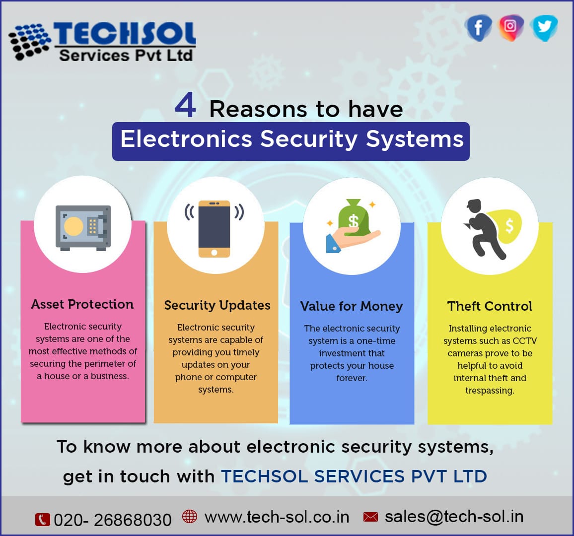 TechSolService1's tweet image. 4 Reasons To Have Electronic Security System 
- Asset Protection
- Security Updates 
- Value For  Money 
- Theft Control
For more details, Call Us On: 020 26868030
Email: sales@tech-sol.in
tech-sol.co.in
#BusinessSupplies #AdvanceTecnology #sales #services