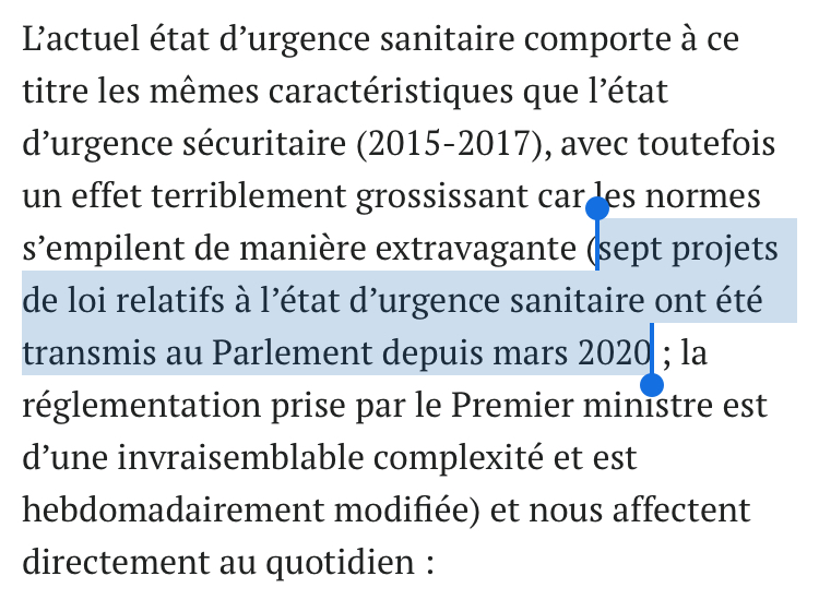 Illustration de cette boulimie mortifère : nous ne vivons pas dans un régime d’exception, mais dans quatre régimes d’exception simultanés. Et depuis mars 2020, sept projets de loi relatifs à l’état d’urgence ont été déposés.
