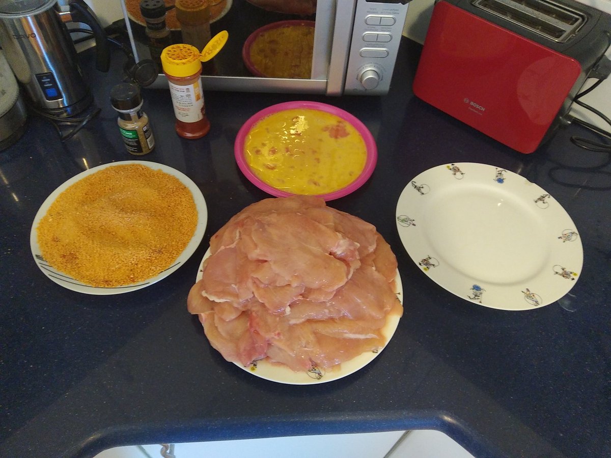 Organize the workplace.I use four plates.On the left, breadcrumbs.In the middle eggOn the right plate for the "ready to fry" product, when I am done.On the bottom the raw chicken breasts.It is a good flow. All close together.