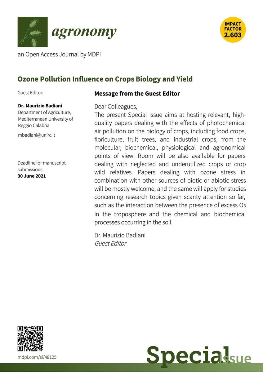 SIPaV1992's tweet photo. Special issue "Ozone Pollution Influence on Crops Biology and Yield" [Agronomy].
Guest Editor: Dr. Maurizio Badiani https://t.co/bmDQgan7yI