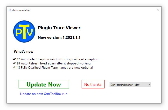 Plugin Trace Viewer for #XrmToolBox (@plugintraceview) on Twitter photo 🚀 Release Alert! 🚀
🔵 Added option to show/hide the FQN of plugins (after recent MS change).
🟡 Only show Exception panel when log with exception is selected.
🔵 Auto Refresh feature now displays new log records again.
Update from the <a href="/XrmToolBox/">XrmToolBox</a> Tool Library! 🚀 Release Alert! 🚀
🔵 Added option to show/hide the FQN of plugins (after recent MS change).
🟡 Only show Exception panel when log with exception is selected.
🔵 Auto Refresh feature now displays new log records again.
Update from the <a href="/XrmToolBox/">XrmToolBox</a> Tool Library!