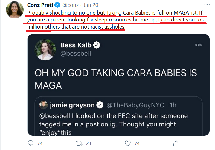 5/Here, Conz Preti cynically uses cancel culture to attack Cara Dumaplin (AKA Taking Cara Babies on IG).Conz pretends it's because Cara donated to Trump, the real reason is Conz is content director  @motherlymedia and wants to take out a business rival https://twitter.com/conz/status/1351884948748333057?s=20