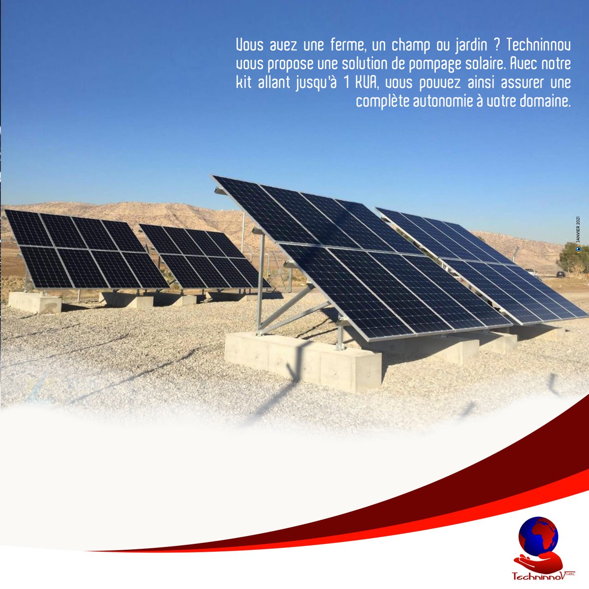 Techninnov's tweet photo. Vous avez une ferme, un champ ou jardin ? Techninnov vous propose une solution de pompage solaire. Avec notre kit allant jusqu'à 1 KVA, vous pouvez ainsi assurer une complète autonomie à votre domaine. https://t.co/M8AN5Mnsls