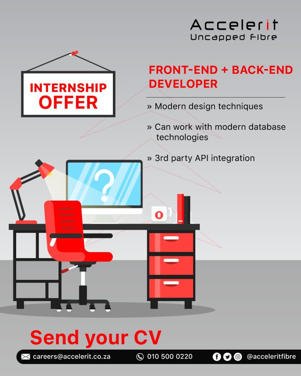 We are hiring! Send your CV today at careers@accelerit.co.za -  Position:  Front-end + Back-end Developer. Don't miss out, it could be you!

#acceleritcares