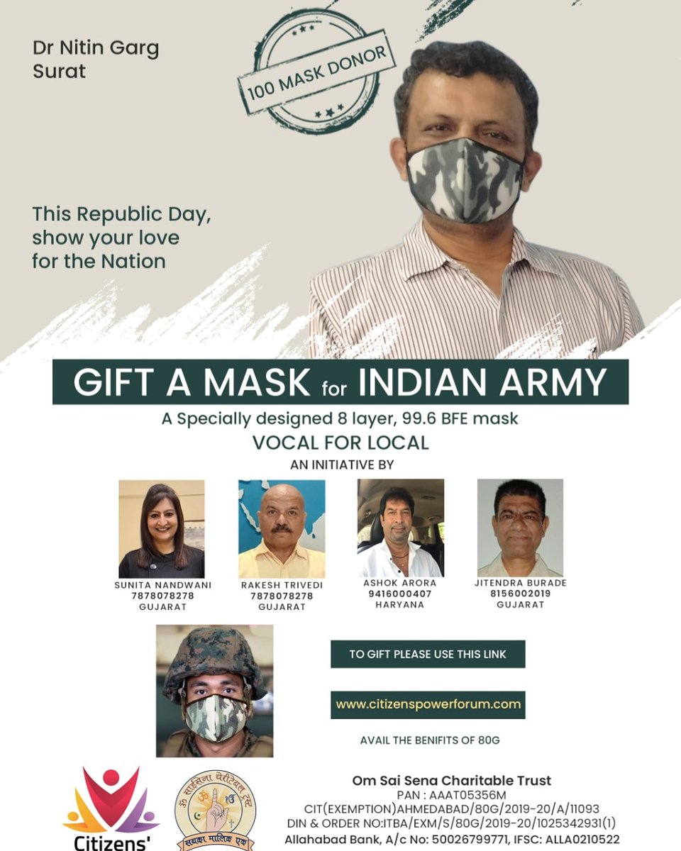 CitizenPowerFo1's tweet photo. Thank you Dr. Nitin Garg for extending your support and donating 100 masks for our Indian Army.

#giftamask #maskuparmy #indianarmy #army #citizenspowerforum https://t.co/qBzd0kMgAJ