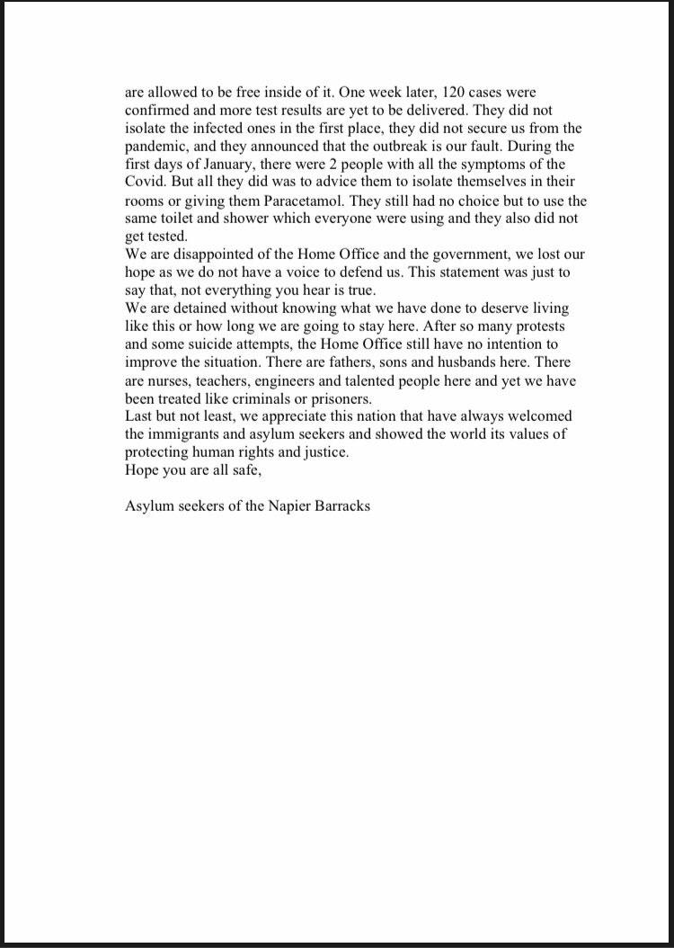 This is message from one of the asylum seekers in the Napier barracks.

Hundreds of people, many of whom are survivors of torture, trafficking &amp; modern slavery are being forced to live in prison-like conditions in the Napier &amp; Penally barracks. ⁣

action.helprefugees.org/page/74633/act…