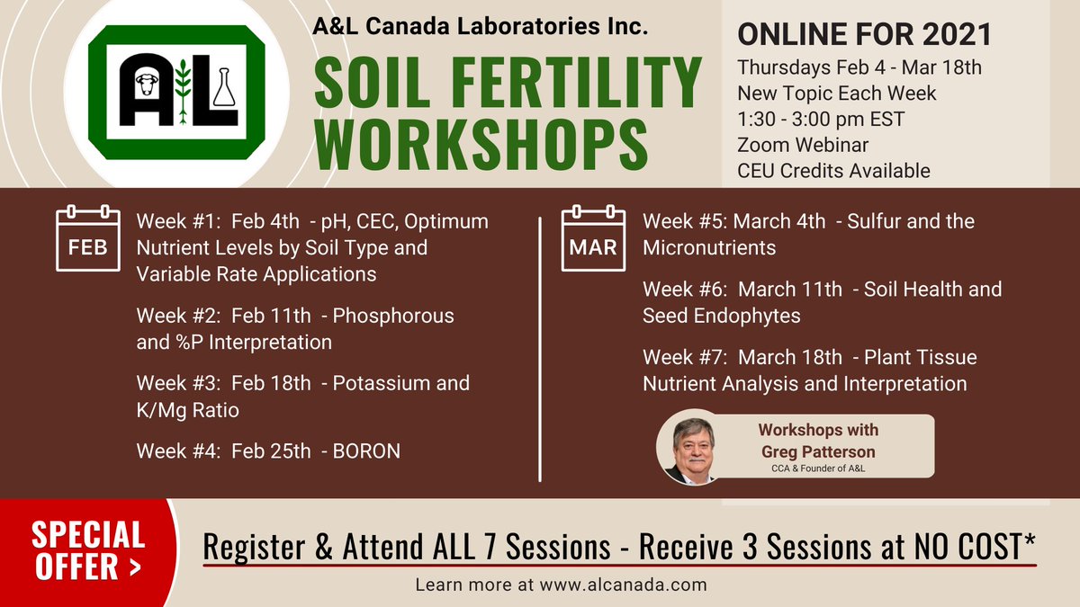 A&amp;L Soil Fertility Workshops are Online for 2021 
alcanada.com/content/news/i…

• Feb 4 - Mar 18th - each Thursday @ 1:30 pm
• Registration is required with a nominal $40 CAD fee for each Workshop
• SPECIAL OFFER: Register &amp; attend all 7 sessions &amp; receive 3 sessions at no cost*