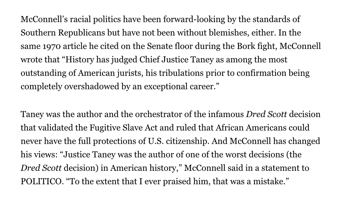 McConnell praised Taney "as among the most outstanding of American jurists" w/ an "exceptional career."McConnell tells me he made a "mistake" in what he wrote as a 28-year-old. "Taney was the author of one of the worst decisions (the Dred Scott decision) in American history,"