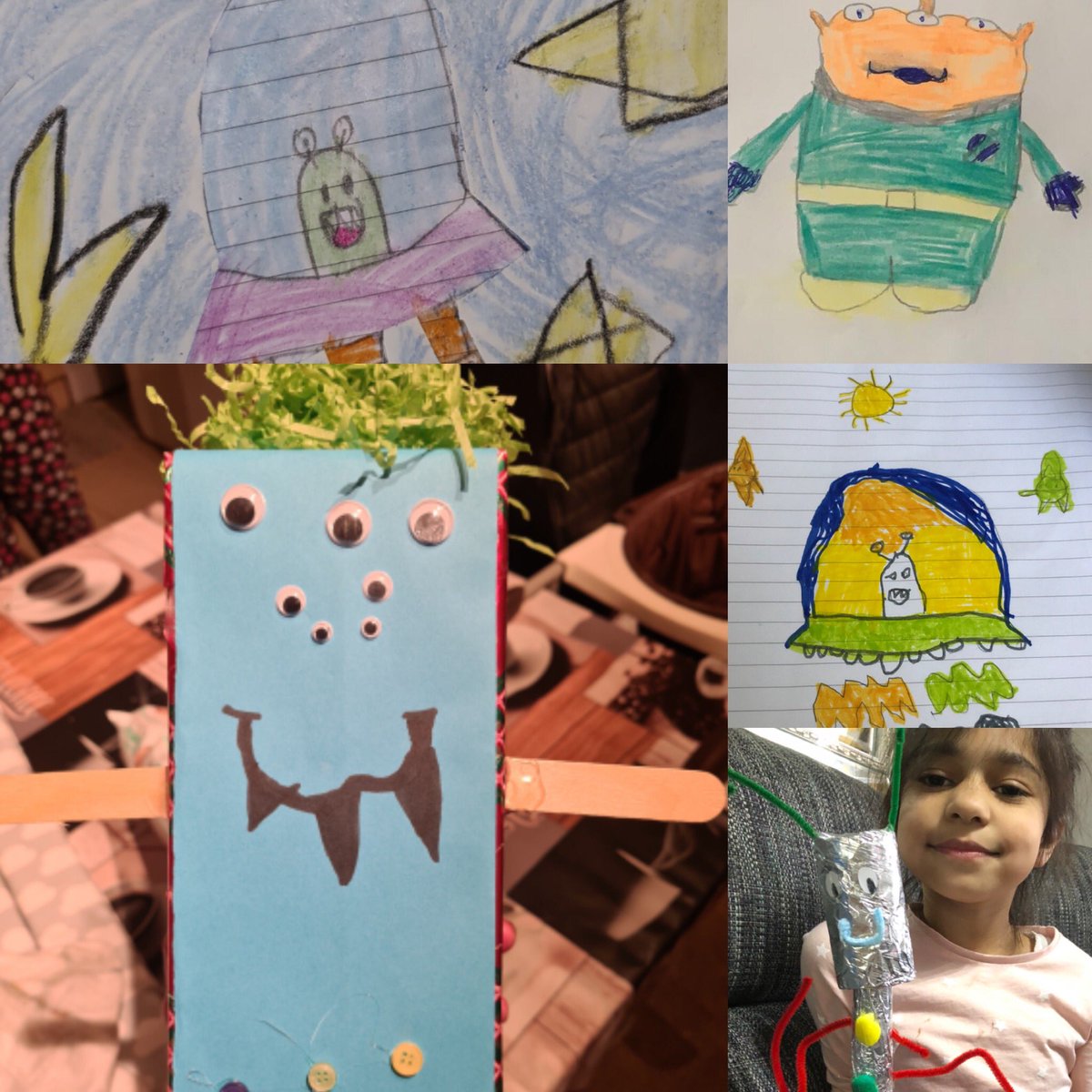 MissKhanLHS's tweet photo. Year 1 have been busy creating alien friends for Beegu. Some children used YouTube drawing tutorials and some children created 3D aliens. Maybe the mysterious spaceship in school belongs to one of these aliens! @MrsGossLHS @LHS_Watford https://t.co/jz7VEznjVL