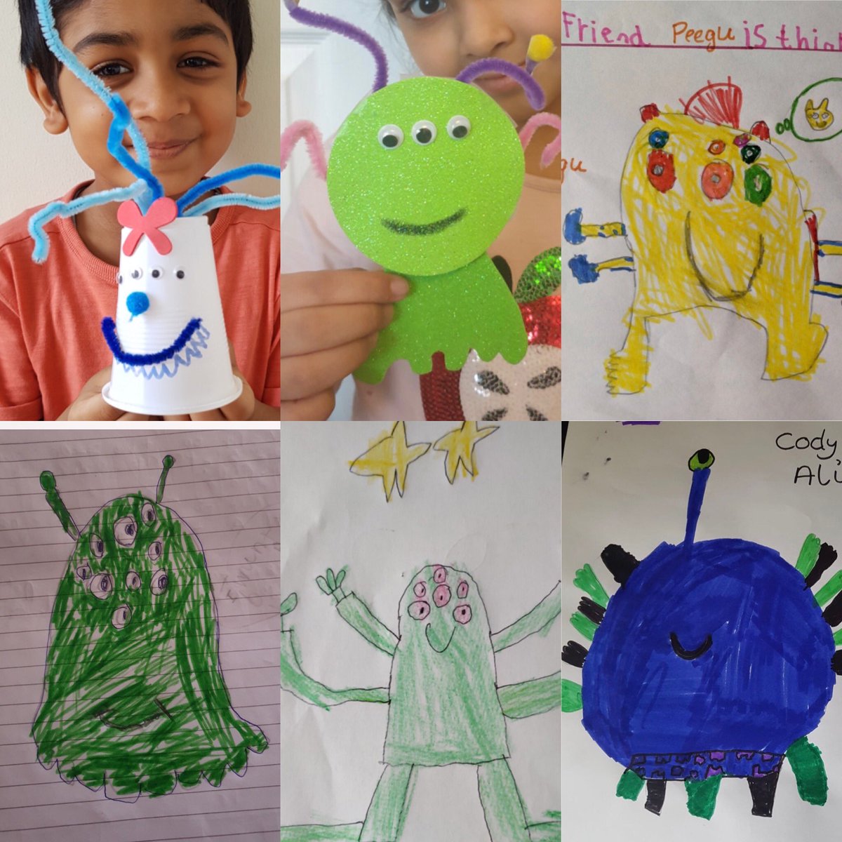 MissKhanLHS's tweet photo. Year 1 have been busy creating alien friends for Beegu. Some children used YouTube drawing tutorials and some children created 3D aliens. Maybe the mysterious spaceship in school belongs to one of these aliens! @MrsGossLHS @LHS_Watford https://t.co/jz7VEznjVL
