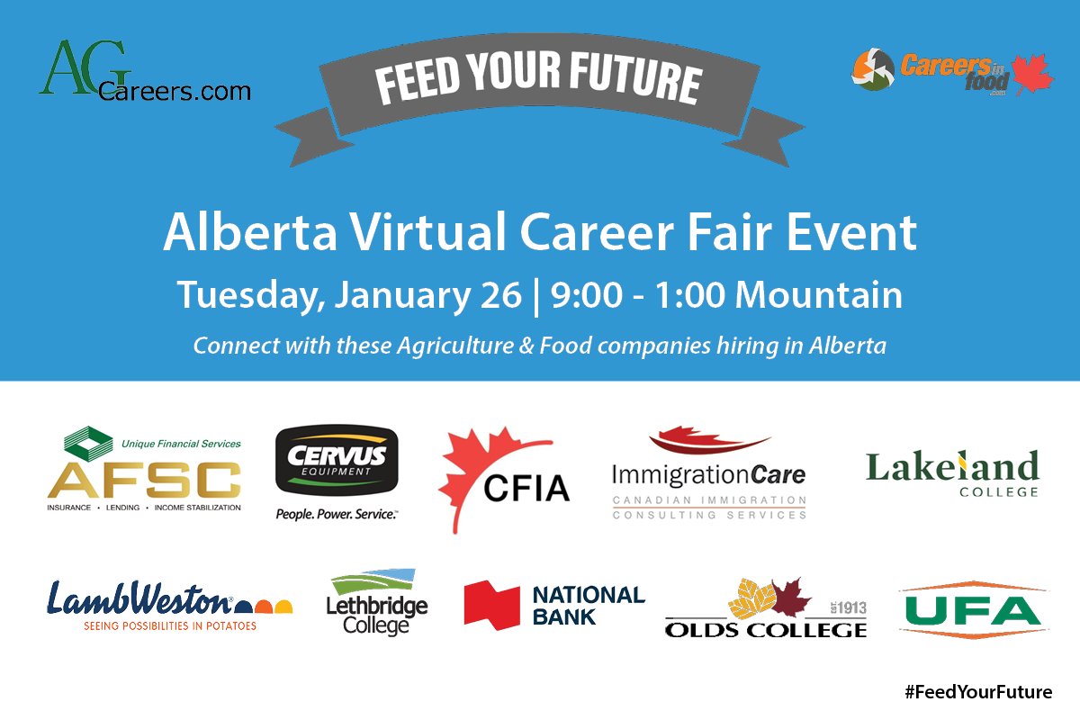 AgCareers's tweet photo. Join us &amp; these outstanding ALBERTA employers in agriculture at our #FeedYourFuture #VirtualCareerFair this Tuesday! Sign up now: https://t.co/poPvYy0AAU @AFSC_AB https://t.co/vC5VBO8Wyn