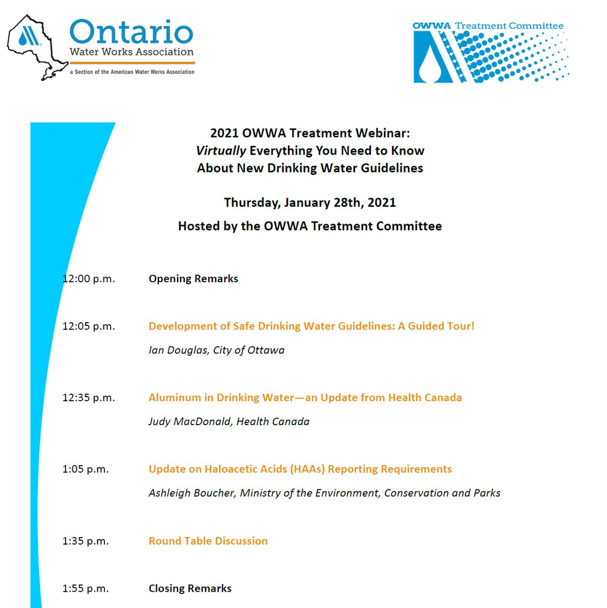 Have you registered for the OWWA Treatment Webinar - Session 1 'Virtually Everything You Need To Know About New Drinking Water Guidelines'  yet? There's still time to register! owwa.ca/events/index.h… <a href="/OWWA_Treatment/">Treatment Committee</a>