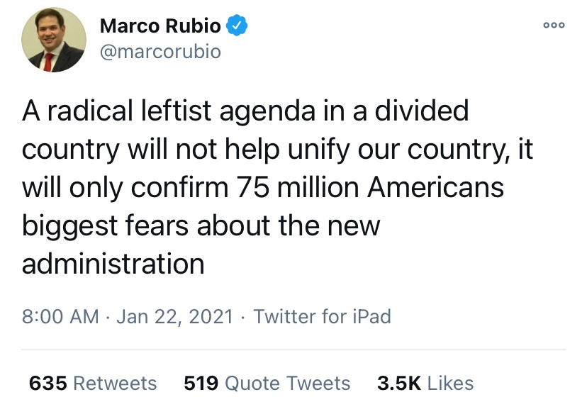 Here’s another:“Rubio has one move and that’s pretending to be a ‘good’ Republican above the fascists, but then using the threat of the fascists to push his agenda and frame reform or progress as dangerous because it might radicalize the fascists.”