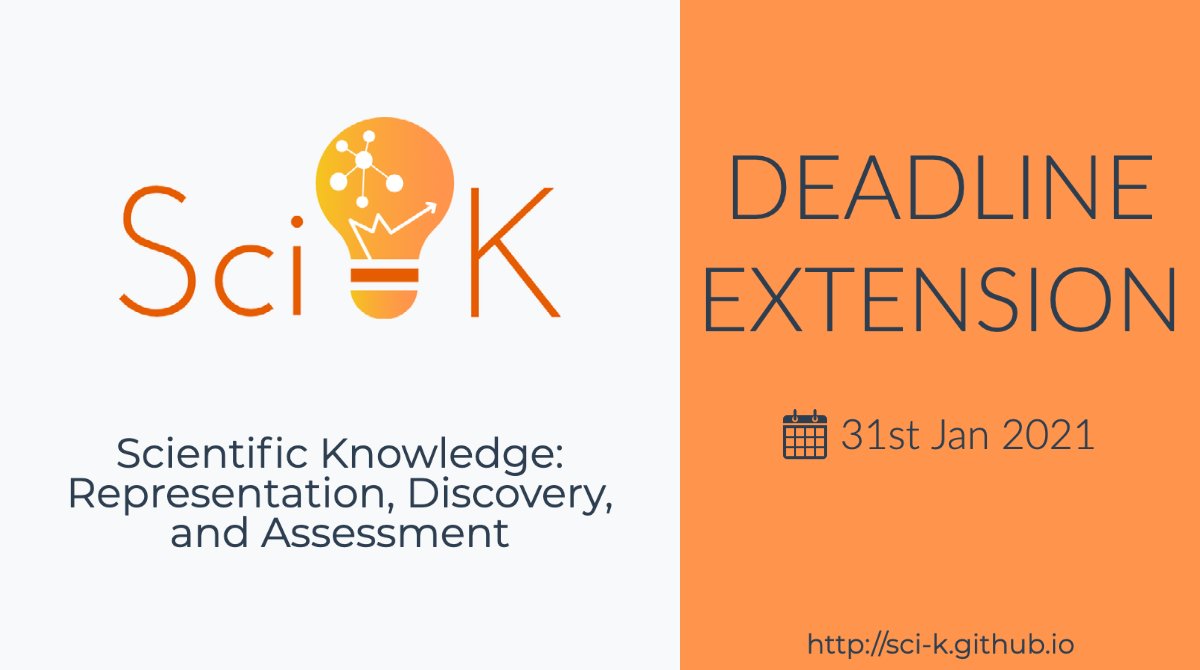 Sci-K @ ISWC2025 (@scik_workshop) on Twitter photo ๐ข DEADLINE EXTENSION
You have until *31 JAN* to submit your paper at the Scientific Knowledge: Representation, Discovery and Assessment workshop (#SciK2021) at
<a href="/TheWebConf/">The Web Conference</a> #www2021
Looking forward to reading your contributions!
๐๏ธ 31st jan 2021
๐ sci-k.github.io ๐ข DEADLINE EXTENSION
You have until *31 JAN* to submit your paper at the Scientific Knowledge: Representation, Discovery and Assessment workshop (#SciK2021) at
<a href="/TheWebConf/">The Web Conference</a> #www2021
Looking forward to reading your contributions!
๐๏ธ 31st jan 2021
๐ sci-k.github.io