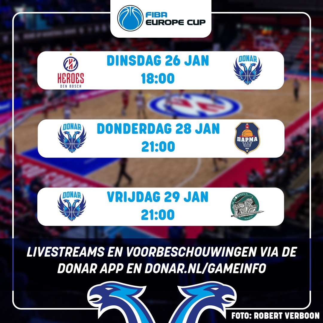 📅| SAVE THE DATES

Komende week barst het FIBA Europe Cup avontuur in Den Bosch los!

Check hierboven de dagen en tijden dat we spelen!

Voor iedere wedstrijd zal er een programmaboekje te vinden zijn in de Game Info App!