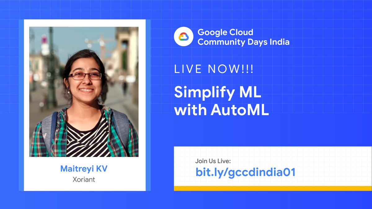GDGIndia's tweet photo. Leverage @GCPcloud technologies and get started with #MachineLearning certification.

Say 'Hi' to @maitreyi_kv as she is LIVE now at #GCCDIndia to "Simplify ML with AutoML" and it is truly interesting.

🔗: https://t.co/nuPz0RN7S4

#GoogleCloud #Cloud #AutoML https://t.co/0kb1U7KaK6
