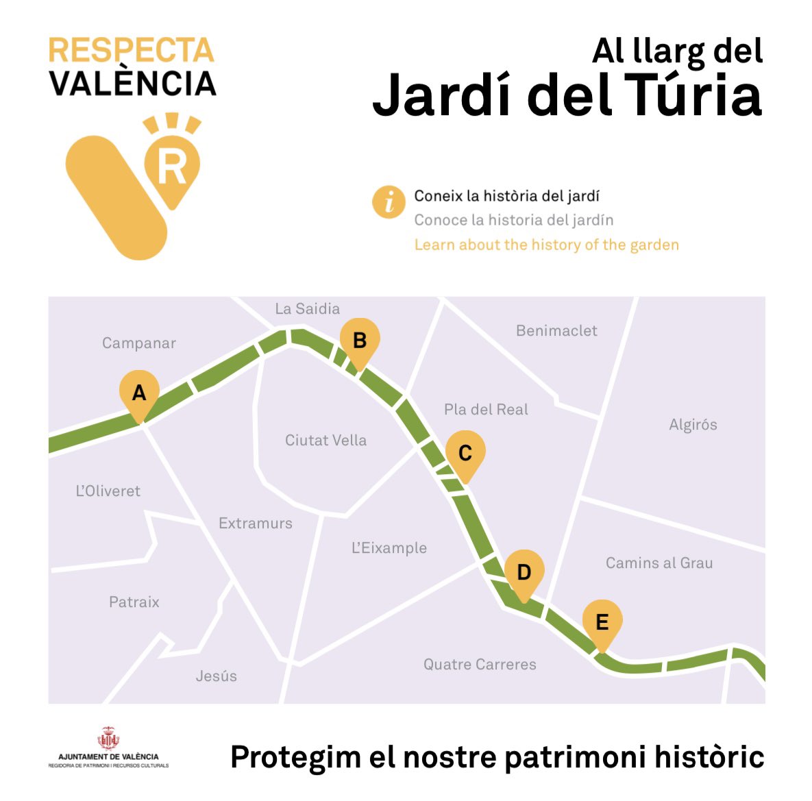 AjuntamentVLC's tweet photo. 🌳@CulturalVLC publica una guia en línia per conèixer el patrimoni històric i artístic del #JardíDelTúria. Inclou un plànol on es destaquen 85 punts d'interès dels quals s'oferix explicació. Consulta ací el que pots descobrir quan la situació ho permeta.
👉🏽https://t.co/ScM0wqGfEy https://t.co/sOTaBIA5mz