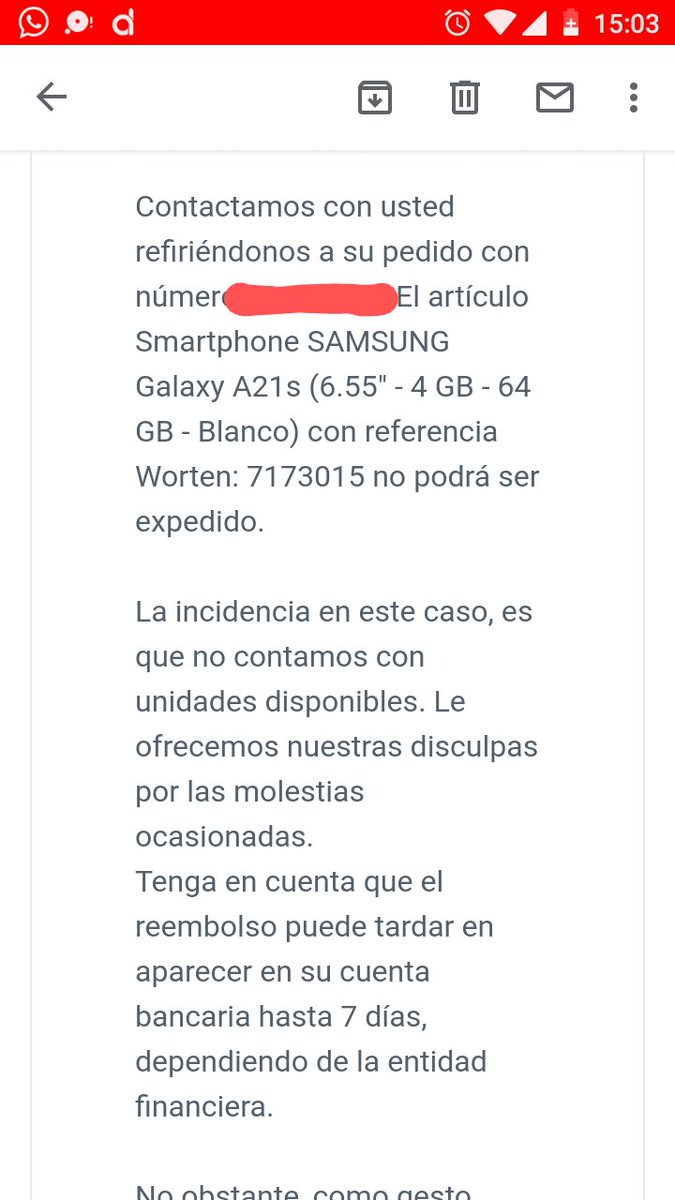 MiriamCuqui's tweet photo. Esta es la seriedad de @WortenES 
Compré online el móvil el miércoles. Durante todas las gestiones no se me avisó en ningún momento de la falta de disponibilidad del teléfono. Y hoy, me envían este correo.
Un mojón pa ellos. Vergonzoso https://t.co/2Ow8EjFmnt