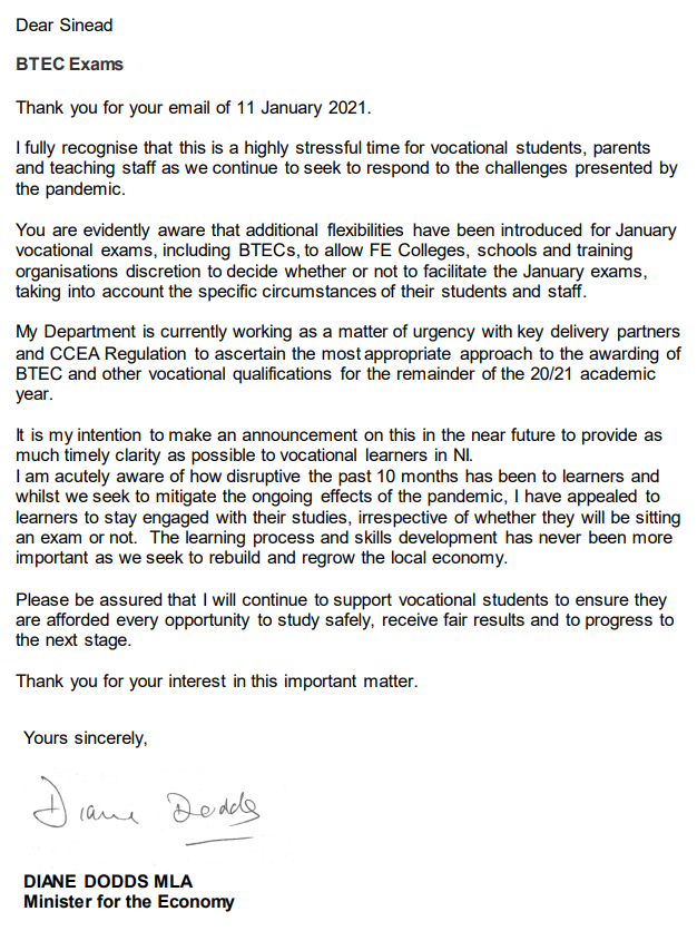 SineadMcL4Foyle's tweet photo. I asked the Economy Minister to provide urgent clarification to BTEC students who have, once again, been treated with disregard &amp; left waiting anxiously for updates

She says she intends to make an announcement in the "near" future

Not good enough, students deserve clarity now! https://t.co/JFVHwJrsSY