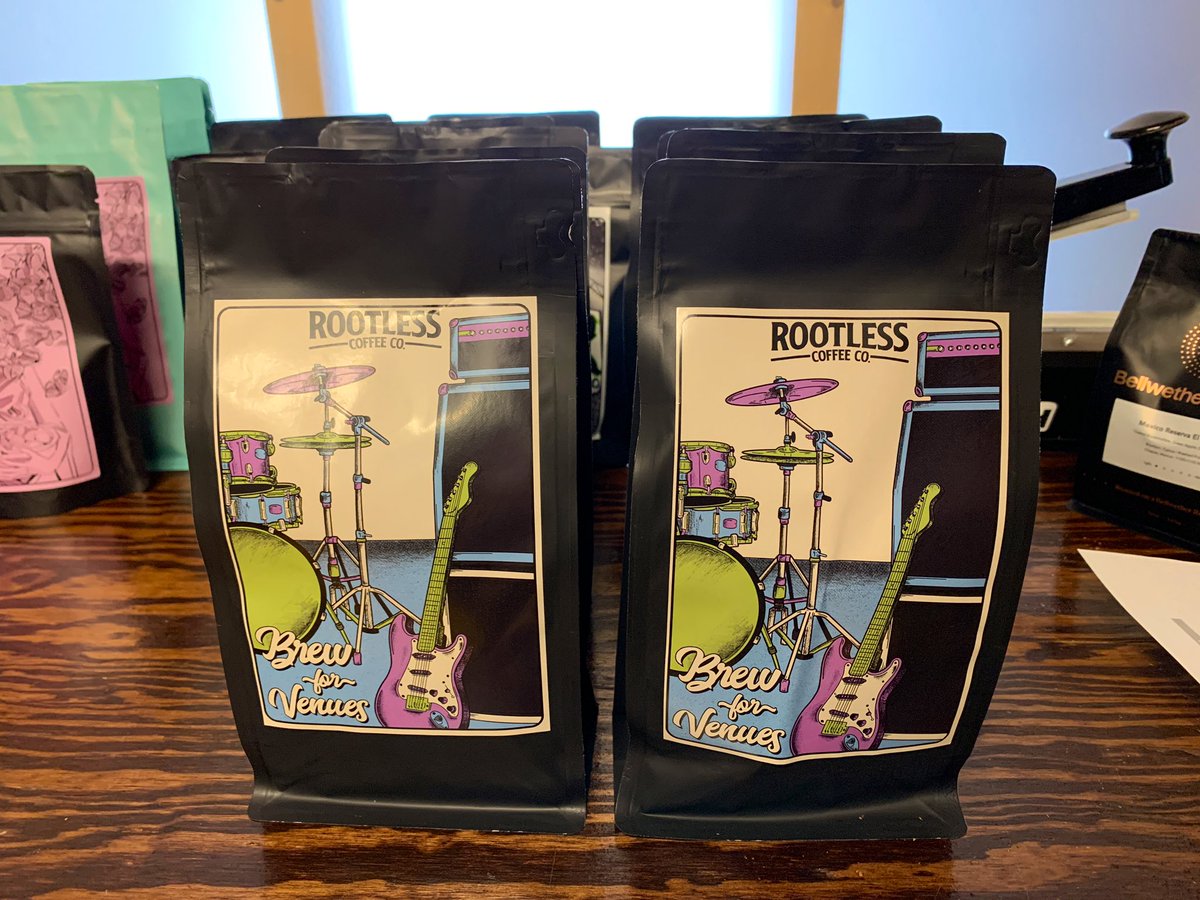 Rootless Coffee Co (@rootlesscoffee) on Twitter photo We’ve already raised over $1,000 for <a href="/nivassoc/">NIVA - National Independent Venue Association</a> and #saveourstages! Brew For Venues is now on black bags and we’re still raising funds to help NIVA revive music scenes around the country. Order yours at rootlesscoffee.com
Art by @mikaelajpalermo We’ve already raised over $1,000 for <a href="/nivassoc/">NIVA - National Independent Venue Association</a> and #saveourstages! Brew For Venues is now on black bags and we’re still raising funds to help NIVA revive music scenes around the country. Order yours at rootlesscoffee.com
Art by @mikaelajpalermo